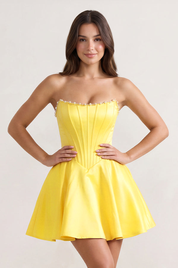 Yellow Strapless A-Line Satin Corset Homecoming Dress With Pearl– Homecoming Dress by KissProm | Available at KissProm
