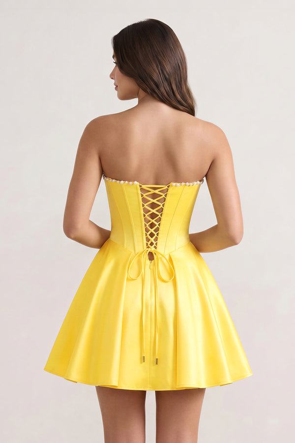 Yellow Strapless A-Line Satin Corset Homecoming Dress With Pearl– Homecoming Dress by KissProm | Available at KissProm