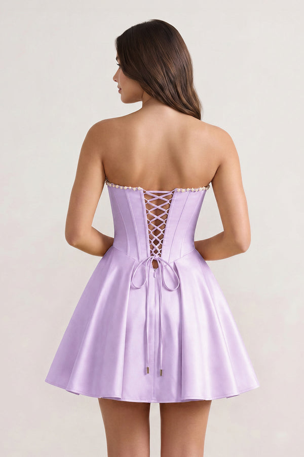 Lavender Strapless A-Line Satin Corset Homecoming Dress With Pearl - KISSPROM