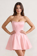 Pink Strapless A-Line Satin Corset Homecoming Dress With Pearl - KISSPROM