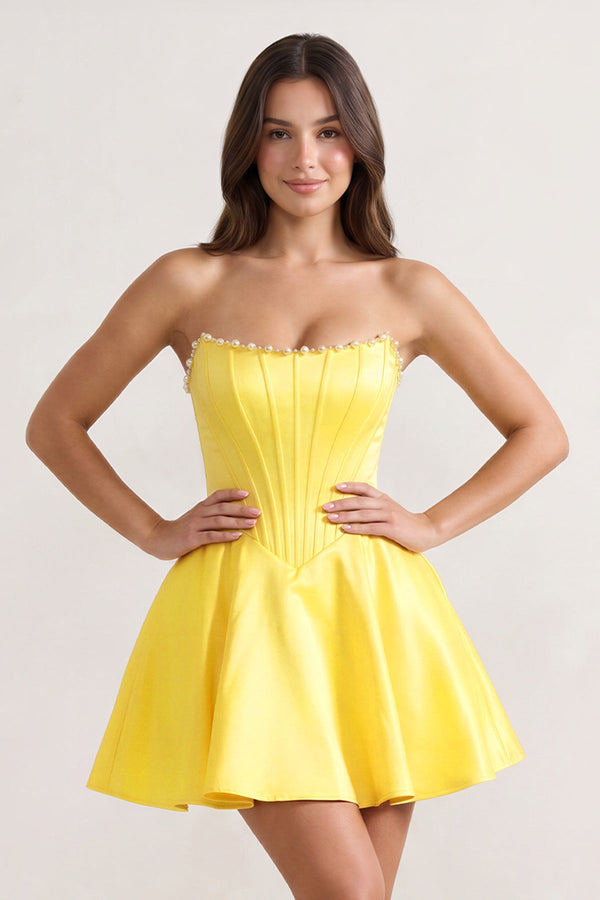 Yellow Strapless A-Line Satin Corset Homecoming Dress With Pearl– Homecoming Dress by KissProm | Available at KissProm