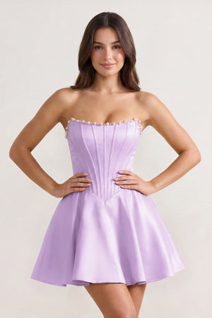 Lavender Strapless A-Line Satin Corset Homecoming Dress With Pearl - KISSPROM