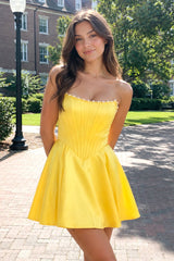 Yellow Strapless A-Line Satin Corset Homecoming Dress With Pearl– Homecoming Dress by KissProm | Available at KissProm