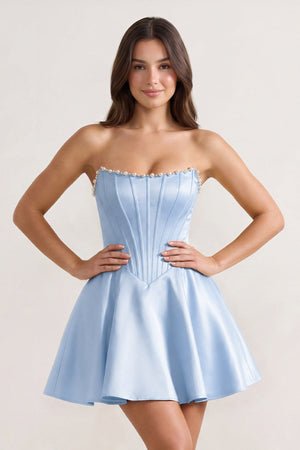 Sky Blue Strapless A-Line Satin Corset Homecoming Dress With Pearl - KISSPROM