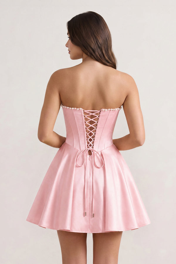 Pink Strapless A-Line Satin Corset Homecoming Dress With Pearl - KISSPROM