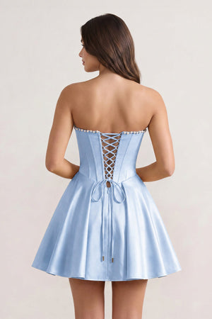 Sky Blue Strapless A-Line Satin Corset Homecoming Dress With Pearl - KISSPROM