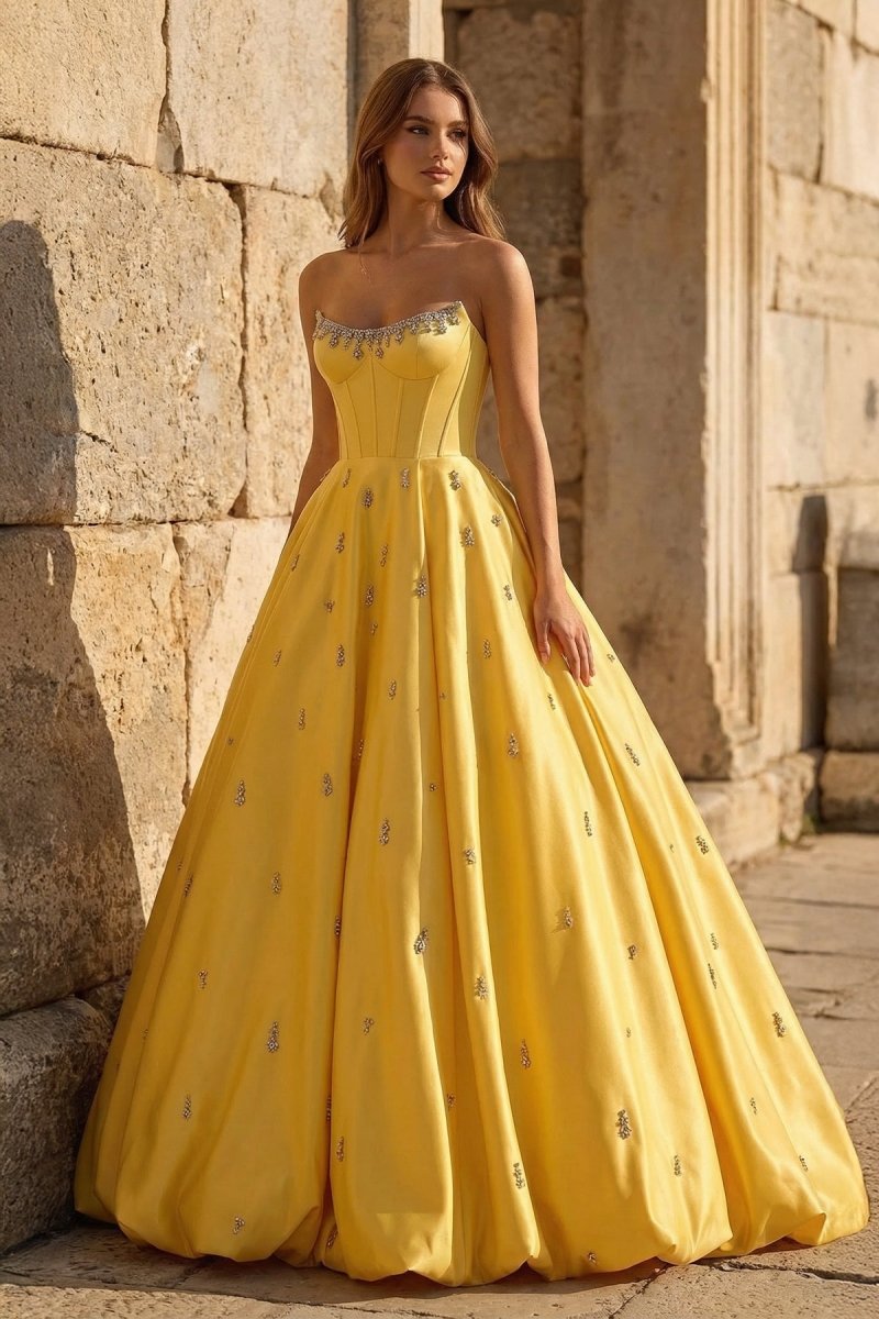 Yellow Strapless A Line Satin Long Prom Dresses With Beading – Prom Dress by KissProm | Available at KissProm