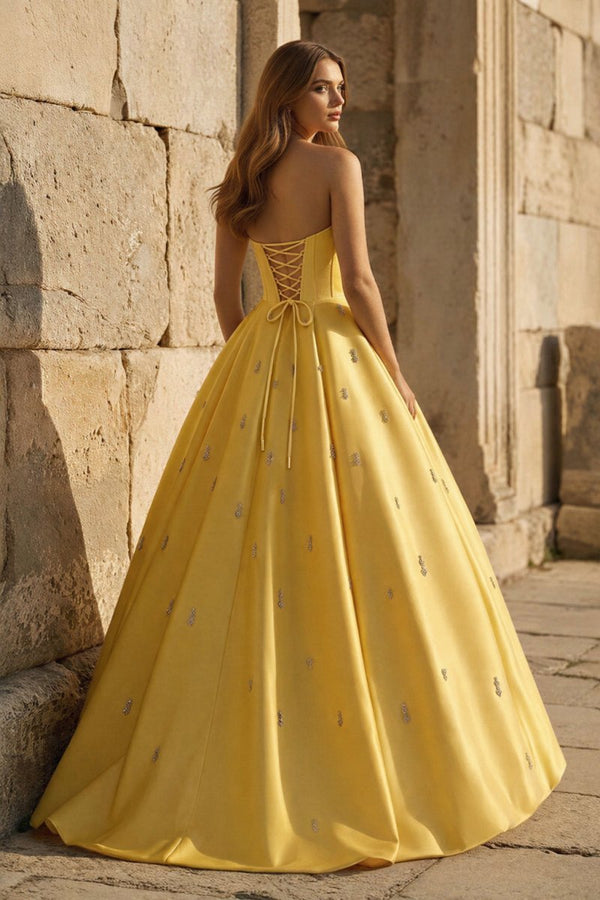 KissProm Yellow Strapless A Line Satin Long Prom Dresses With Beading, Yellow / 12