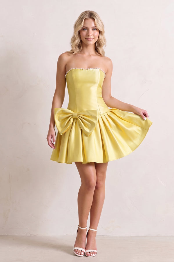 Aqua Strapless A-Line Satin Ruched Bow Homecoming Dress With Pearl