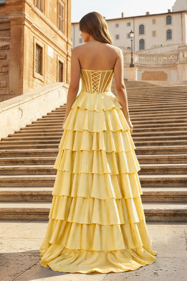 KissProm-Yellow Sweetheart A Line Satin Ruffled Long Prom Dresses With Slit