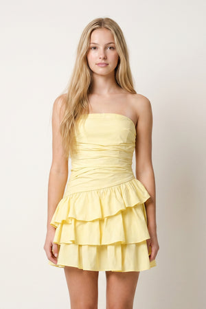 Yellow Strapless A Line Satin Ruffles Short Homecoming Dresses (3) | KISSPROM