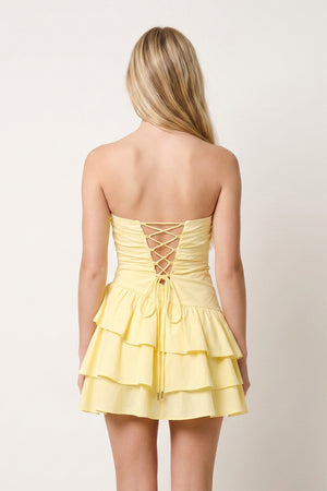 Yellow Strapless A Line Satin Ruffles Short Homecoming Dresses (4) | KISSPROM