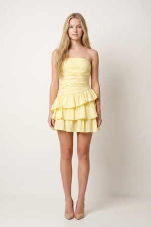 Yellow Strapless A Line Satin Ruffles Short Homecoming Dresses (5) | KISSPROM