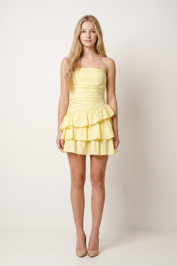 Yellow Strapless A Line Satin Ruffles Short Homecoming Dresses (5) | KISSPROM