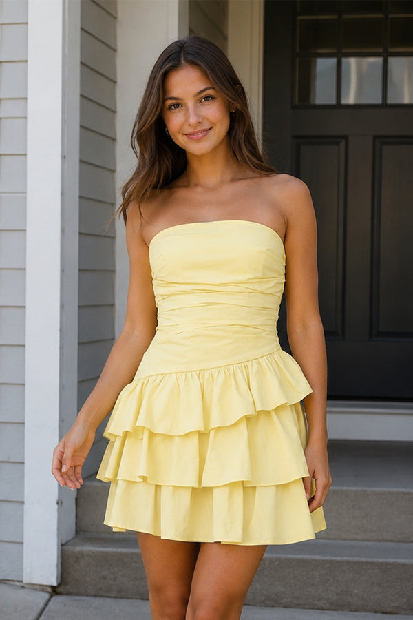 Yellow Strapless A Line Satin Ruffles Short Homecoming Dresses | KISSPROM