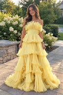 Yellow Strapless A-Line Tiered Crinkled Tulle Prom Dress | KISSPROM