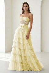 Yellow Strapless A Line Tulle Ruffled Long Party Dress With Beading | KISSPROM