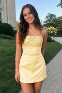 Yellow Strapless Appliqued Satin Sheath Homecoming Dress | KISSPROM