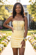 Yellow Strapless Bodycon Appliqued Mini Homecoming Dresses With Slit | KISSPROM