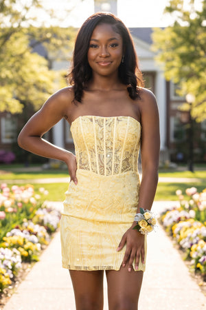 Yellow Strapless Bodycon Appliqued Mini Homecoming Dresses With Slit | KISSPROM