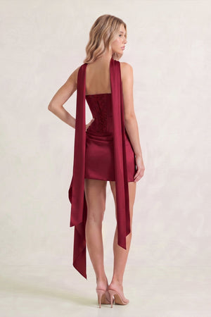 Burgundy Strapless Bodycon Satin Corset Homecoming Dress With Ribbon (6) | KISSPROM