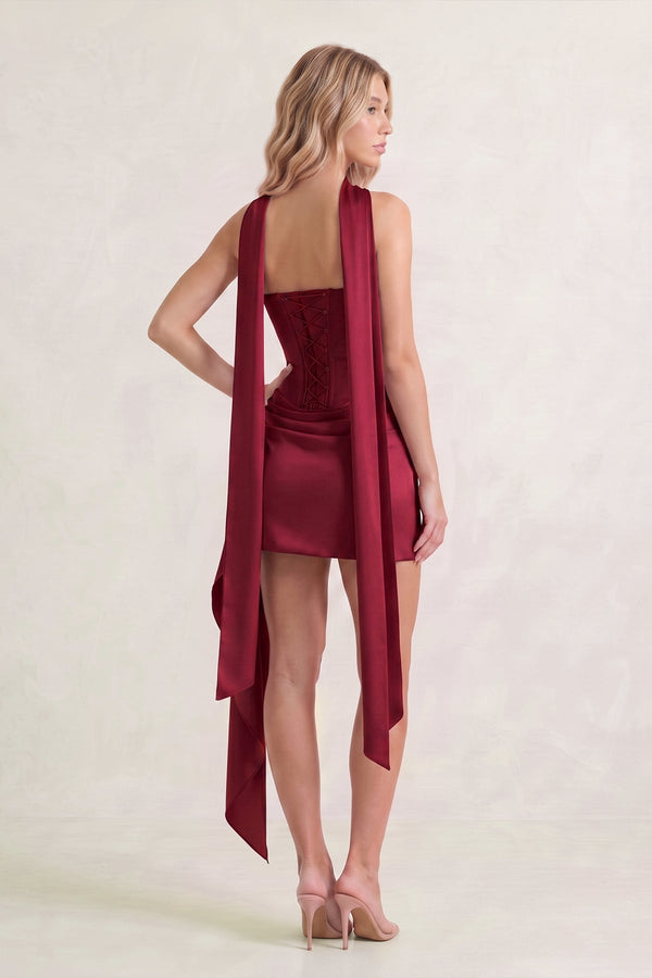 Burgundy Strapless Bodycon Satin Corset Homecoming Dress With Ribbon (6) | KISSPROM