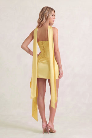 Yellow Strapless Bodycon Satin Corset Homecoming Dress With Ribbon (6) | KISSPROM