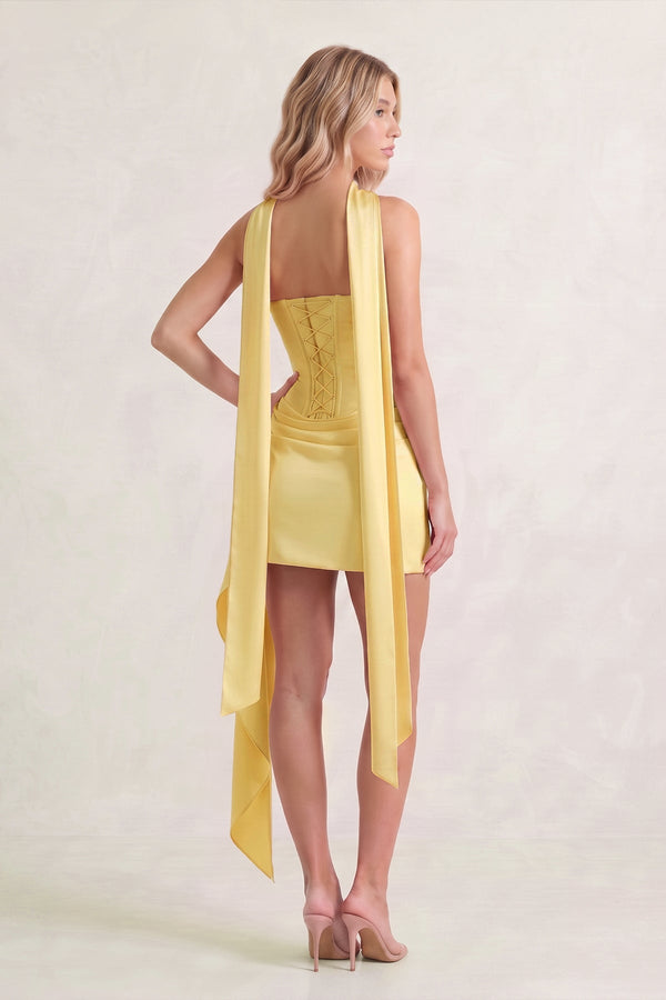 Yellow Strapless Bodycon Satin Corset Homecoming Dress With Ribbon (6) | KISSPROM