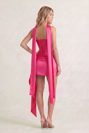 Hot Pink Strapless Bodycon Satin Corset Homecoming Dress With Ribbon (6) | KISSPROM