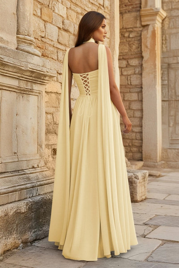 Yellow Strapless Chiffon A Line Long Formal Dress With Scarf (2) | KISSPROM