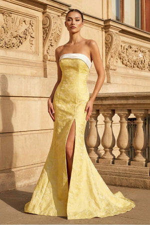 Yellow Strapless Mermaid Satin Long Prom Dresses With Slit - KissProm