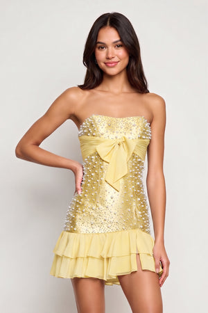 Yellow Strapless Metallic Satin Ruffled A-Line Homecoming Dress With Pearl and Bow - KISSPROM