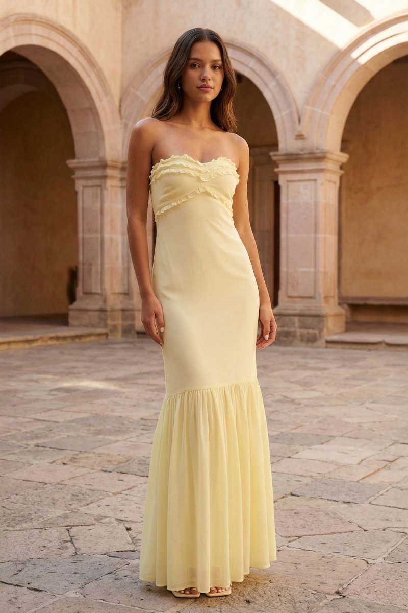 Yellow Strapless Sheath Chiffon Long Prom Dresses With Ruffles - KissProm