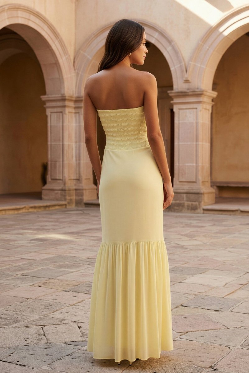 Yellow Strapless Sheath Chiffon Long Prom Dresses With Ruffles – Prom Dress by KissProm | Available at KissProm