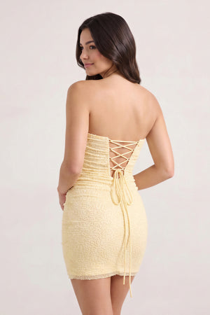 Yellow Strapless Sheath Tulle Ruched Homecoming Dress with Pearl (2) | KISSPROM