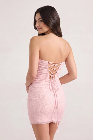 Pink Strapless Sheath Tulle Ruched Homecoming Dress with Pearl (2) | KISSPROM