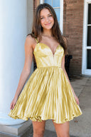 Yellow Straps A-Line V-Neck Metallic Pleated Short Homecoming Dress | KISSPROM