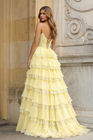 KissProm-Yellow Sweetheart A Line Sequined Lace Ruffled Long Prom Dresses With Appliques