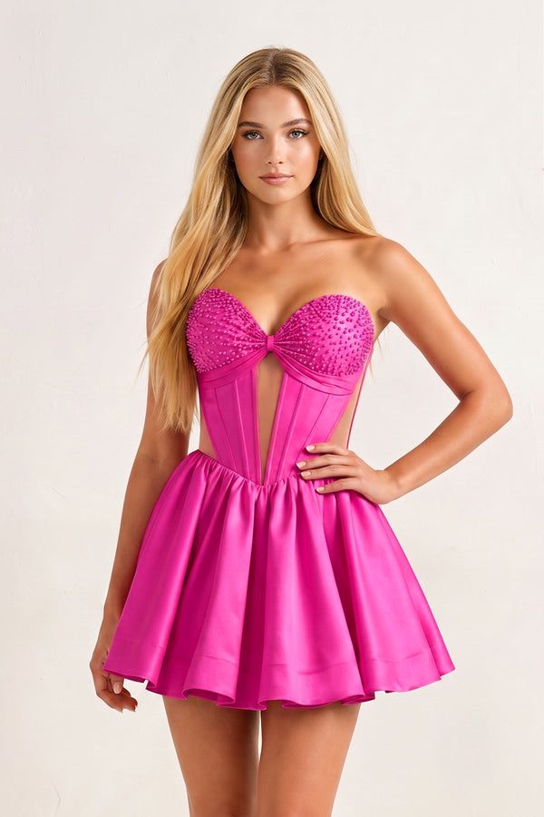 Fuchsia Sweetheart Cut-Out Satin A-Line Corset Homecoming Dress | KISSPROM