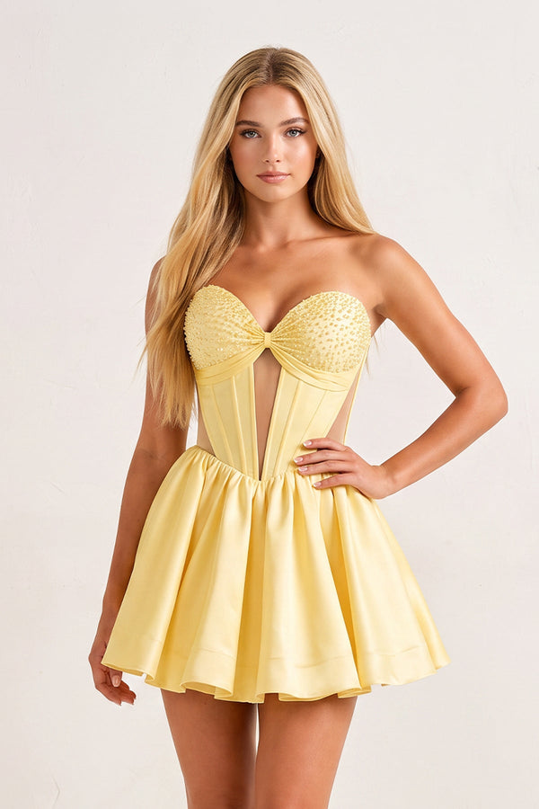 Yellow Sweetheart Cut-Out Satin A-Line Corset Homecoming Dress | KISSPROM