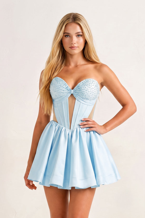 Sky Blue Sweetheart Cut-Out Satin A-Line Corset Homecoming Dress | KISSPROM