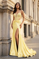 Yellow Sweetheart Mermaid Satin Pleated Long Prom Dresses With Beading | KISSPROM