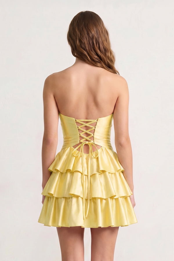 Fuchsia Sweetheart Ruffled A-Line Cut-Out Satin Homecoming Dress