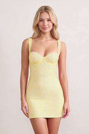 Yellow Sweetheart Satin Sheath Homecoming Dress with Rhinestones | KISSPROM