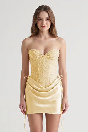 Yellow Sweetheart Sheath Corset Ruched Satin Homecoming Dress with Beading (3) | KISSPROM