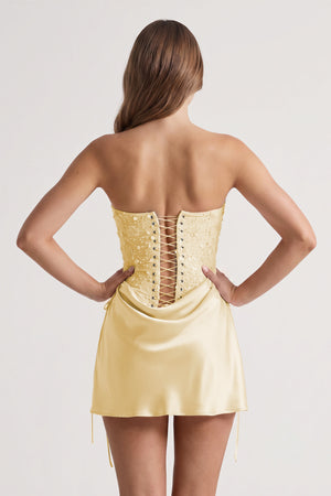 Yellow Sweetheart Sheath Corset Ruched Satin Homecoming Dress with Beading (4) | KISSPROM