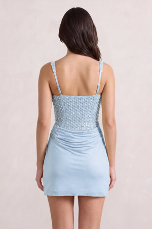 Sky Blue Sweetheart Sheath Ruched Linen Homecoming Dress with Pearl (2) | KISSPROM