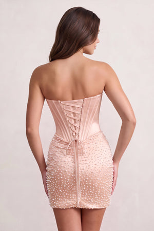 Blush Pink Sweetheart Sheath Satin Corset Homecoming Dress With Pearl | KISSPROM