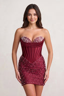 Burgundy Sweetheart Sheath Satin Corset Homecoming Dress With Pearl | KISSPROM