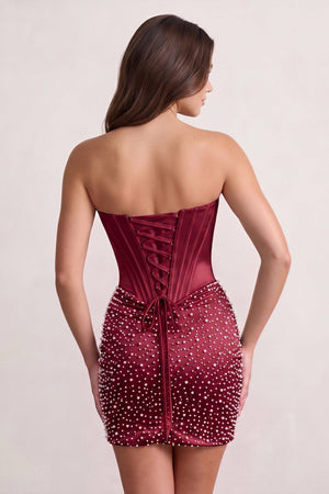 Burgundy Sweetheart Sheath Satin Corset Homecoming Dress With Pearl (2) | KISSPROM